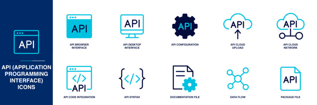 API (Application Programming Interface) Blue Colored Outline Icon Set