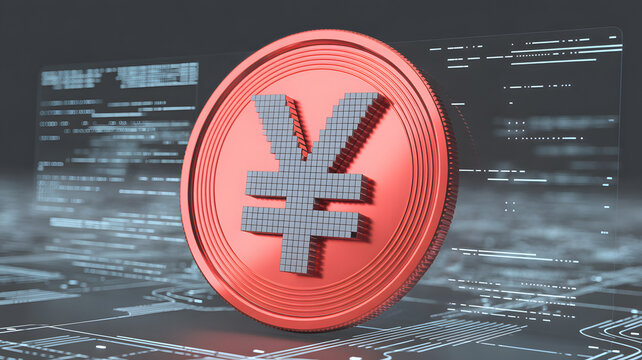 Shiny Yen coin with digital data streams symbolizing financial tech growth