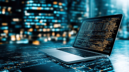 Laptop displaying code digital interface with city skyline background evokes sense of innovation