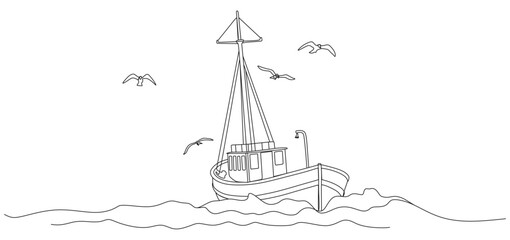 Minimalist one line drawing of a fishing boat sailing on the sea, surrounded by flying seagulls. The illustration is simple, sketch-style, with waves in the water, capturing a nautical and maritime 