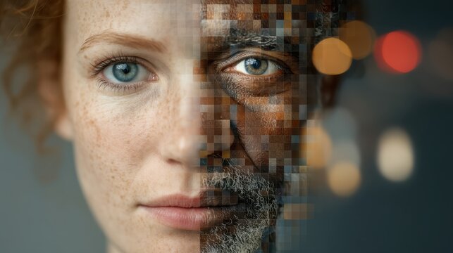 A split image showing a white woman"s face blending into a pixelated image of a black man"s face, symbolizing diversity and unity.
