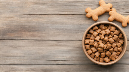 Obraz premium Bowl of pet food with dog shaped treats on wooden surface, perfect for furry friends