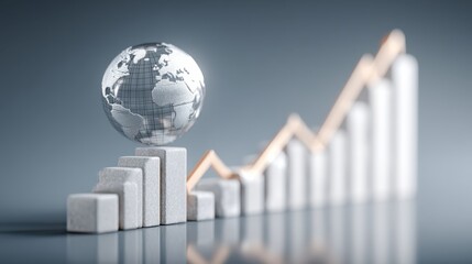 A metallic globe sits atop ascending bar graphs symbolizing global growth, data analysis, and economic progress.