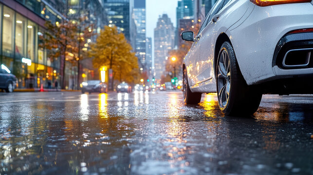 Sleek car parked on wet city street, reflecting lights from buildings and street lamps