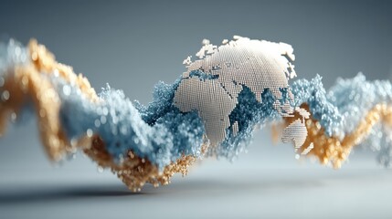 Digital 3D map of the world composed of small cubes forming a wavy, abstract representation with blue and orange color accents on a gray background.