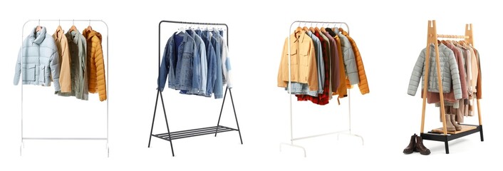 Collage of racks with stylish coats on white background