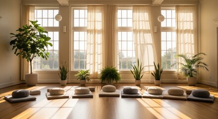 Serene Yoga Studio: Sunlit Room with Cushions and Plants