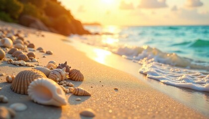 Golden hour sunlight warms smooth, sun-kissed sand Perfect for relaxation and soaking up the summer rays Seashells and gentle waves complete the idyllic scene , relaxation, beautiful