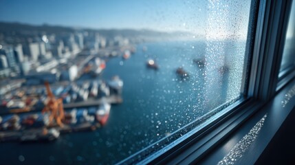 Fototapeta premium View of a harbor with ships and cranes seen through a rain-speckled window on a sunny day.