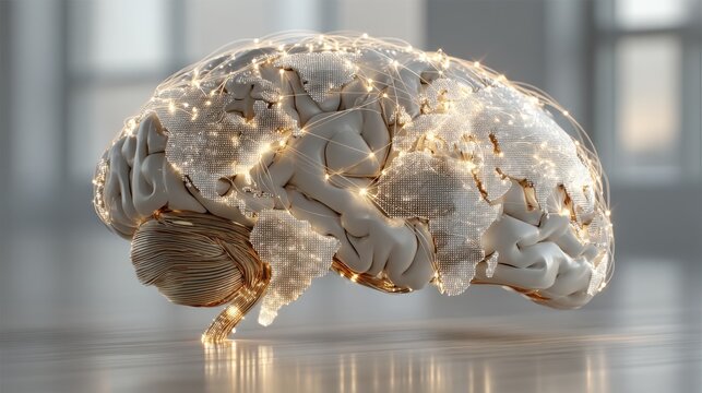 A futuristic brain model with a world map overlay and glowing network connections, symbolizing global intelligence and interconnected data.