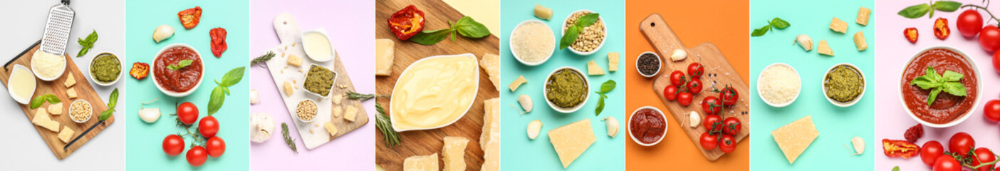 Collage of traditional Italian sauces, top view