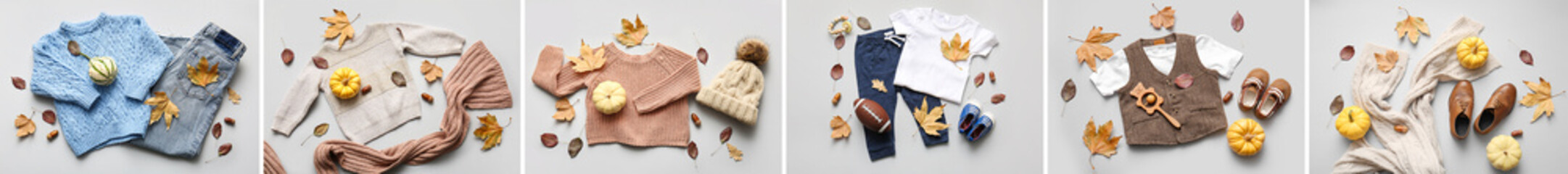 Collage of stylish autumn children's clothes on grey background, top view