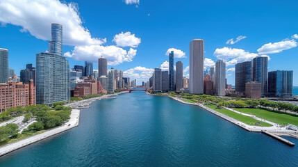 Fototapeta premium Stunning downtown skyline with vibrant blue water and lush greenery, showcasing urban beauty
