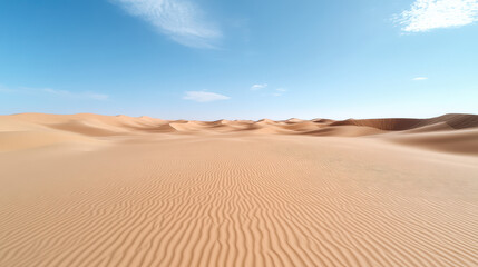 Endless desert landscape with gentle sand dunes under clear blue sky