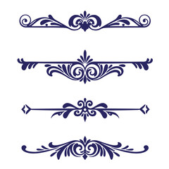 Elegant set of four decorative dividers in dark blue against white background