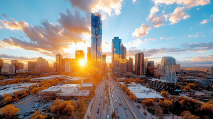 Stunning city skyline at sunset with vibrant amber tones illuminating buildings and streets