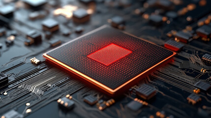 High tech microprocessor circuit board with glowing red accents, showcasing advanced technology