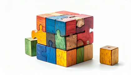A colorful wooden puzzle cube partially assembled, showcasing interlocking pieces and a few separate blocks.