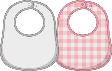 Baby bib mockup with plain grey design and pink checkered pattern, cute infant feeding accessory, kids clothing template, vector illustration isolated