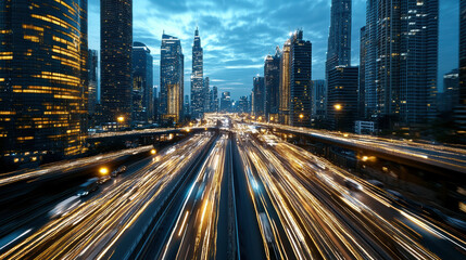 Fototapeta premium Futuristic city skyline with vibrant traffic lights and tall buildings at dusk
