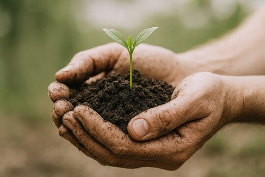 Hands Holding a Small Seedling Growing From Soil, Demonstrating New Growth and Environmental Stewardship