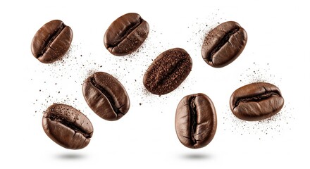 Roasted coffee beans and ground coffee floating against a white background