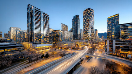 Obraz premium Modern downtown skyline at dusk, showcasing illuminated buildings and busy streets