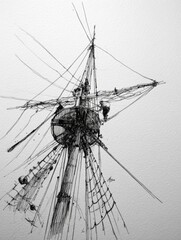 Detailed Sketch of a Ship Mast and Rigging Against a Plain Background During a Calm Day