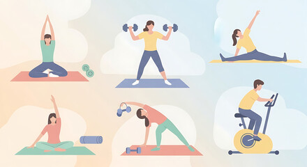 A collection of illustrations showing people exercising: yoga, weightlifting, stretching, and using an exercise bike.