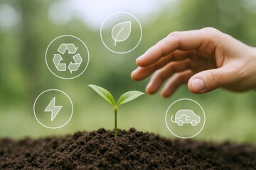 Sustainable Future Concept: Hand Protecting Sprout with Ecology Icons for Environmental Conservation and Renewable Energy