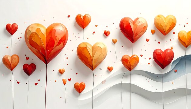 A bunch of colorful, faceted heart-shaped balloons float above stylized waves against a white background