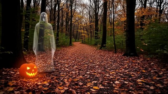 Spooky ghosts and glowing jack-o'-lanterns haunt a fallen leaf-covered forest path in autumn.