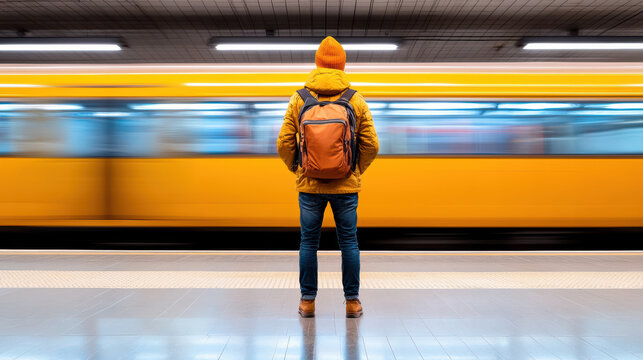 Person stands still at subway station as train speeds by, creating dynamic scene
