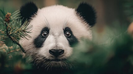 Adorable Panda Cub Portrait Amidst Lush Greenery, Highlighting Conservation and Wildlife Preservation Efforts