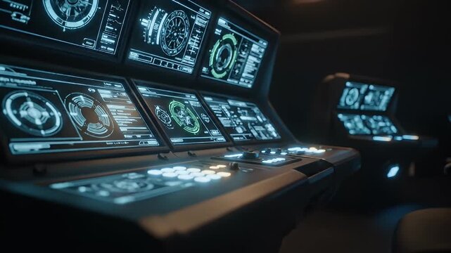 Futuristic spaceship bridge with glowing displays and control panels in a dark environment