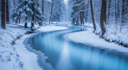 Serene Winter River: Snow-Covered Forest, Icy Stream, Tranquil Landscape