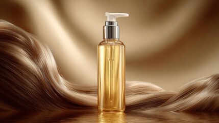 Naklejka premium Hair Oil Product Mockup on Gold Satin Fabric with Shiny Hair Background Display
