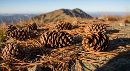 Mountaintop Pine Cones: A Serene Autumnal Landscape