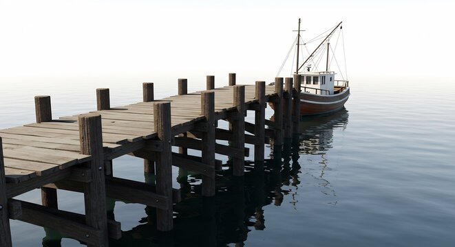 Bateau paisible attend au quai bois ancien lumi�re douce matin. AI Generated