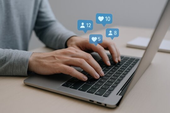 Person Using Laptop with Social Media Engagement Icons, Representing Online Interaction and Digital Connectivity