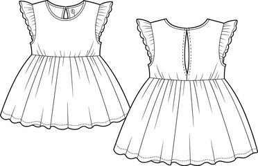 Baby girl dress vector fashion flat sketch with ruffle sleeves and scallop hem, kids clothing design template, front and back view illustration