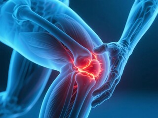 3D medical illustration of human knee joint pain with glowing bones, muscles, nerves and blood vessels