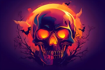 Dark fantasy horror skull illustration with eerie forest, bats, and full moon in vibrant night sky, spooky surreal atmosphere perfect for Halloween and gothic design.