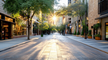 Obraz premium Quiet downtown district bathed in golden evening light, showcasing serene urban beauty