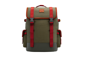 Front view of a khaki-colored backpack with red accents.  Adjustable straps and multiple compartments