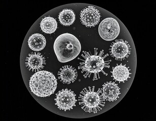 TEM-style grayscale micrograph of virus particles &mdash; virology and laboratory research background.