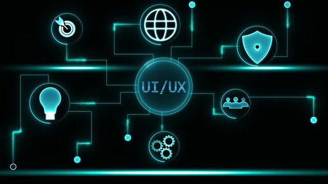 U I U X design concept network diagram with glowing neon icons for business technology innovation strategy global connection teamwork and idea generation