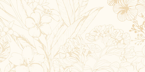 Elegant botanical line art pattern with delicate flowers and leaves in soft cream tones