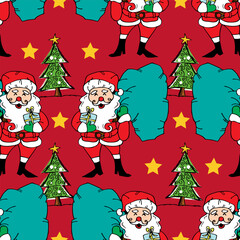 Seamless pattern with Santa Claus and Christmas tree. Vector illustration.