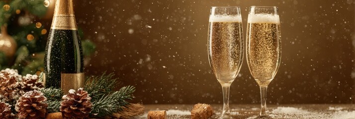 Celebration with sparkling champagne in elegant glasses surrounded by festive decor and holiday cheer during winter